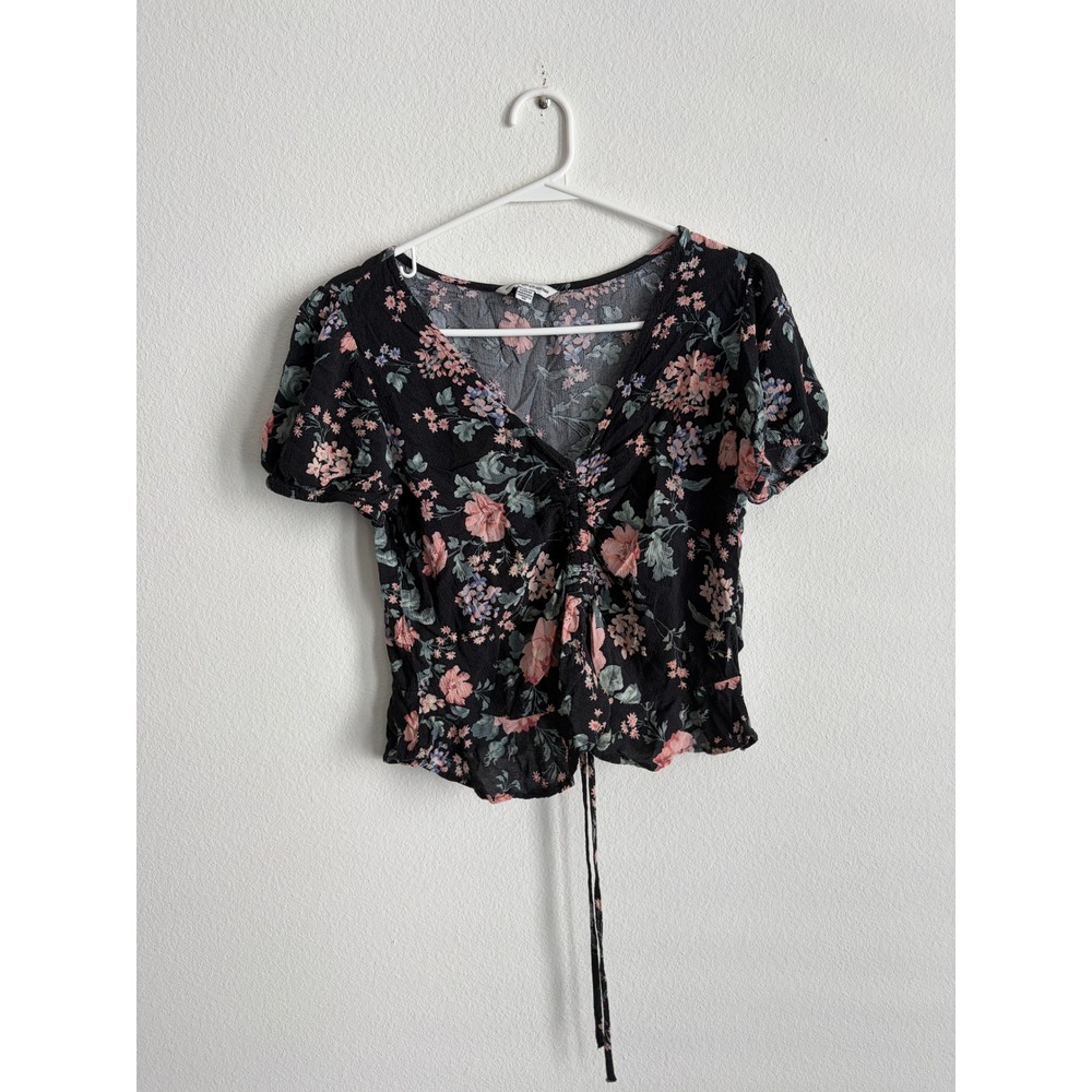 American Eagle Floral V-Neck Tie Front Puff Sleeve Blouse Black Pink Size M